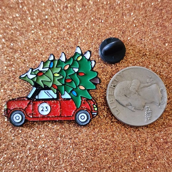 3/$20 Winter Holiday Red Glitter Car With Christmas Tree on Roof Enamel Pin - Picture 2 of 2
